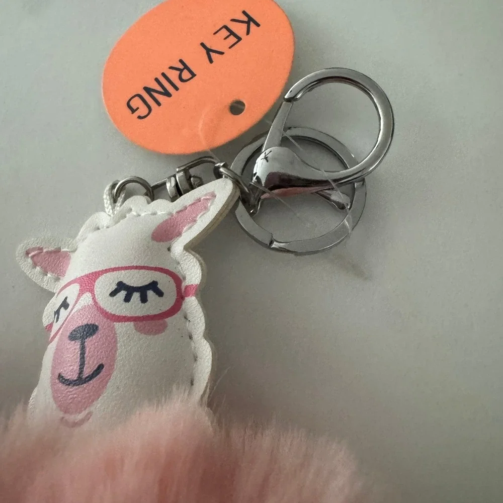 Cute Llama Pom Pom Keychain Pink Faux Fur Glasses Adorable Bag Charm Gift‎